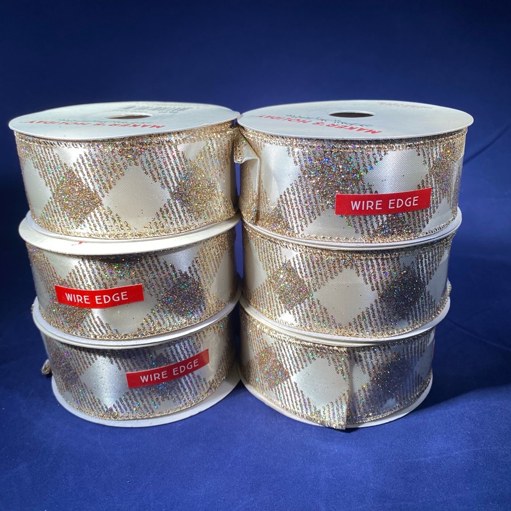 5 Spools of Gold/Ivory Iridescent 1 1/2” x 30 ft Wire Edge Ribbon